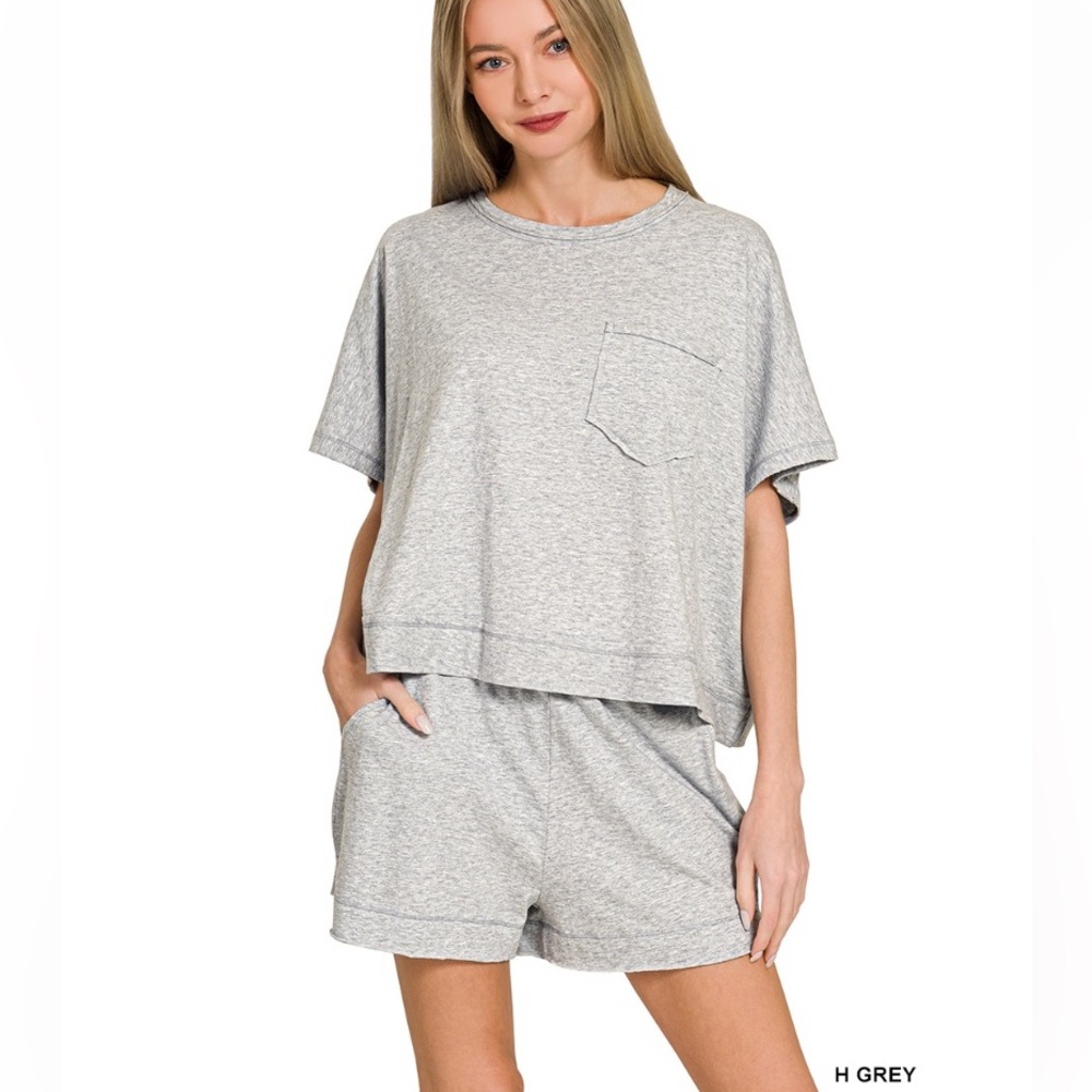 Zenana Outfitters Heather Grey Lounge Shorts Set